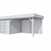 Vuren Topvision tuinhuis Bosuil, 300 x 300 cm. en luifel 400 cm., lichtgrijs gespoten