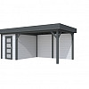Vuren Topvision tuinhuis Kiekendief, 200 x 300 cm. en luifel 400 cm. lichtgrijs / antraciet gespoten