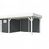 Vuren Topvision tuinhuis Tapuit, 300 x 300 cm. en luifel 400 cm., antraciet / wit gespoten