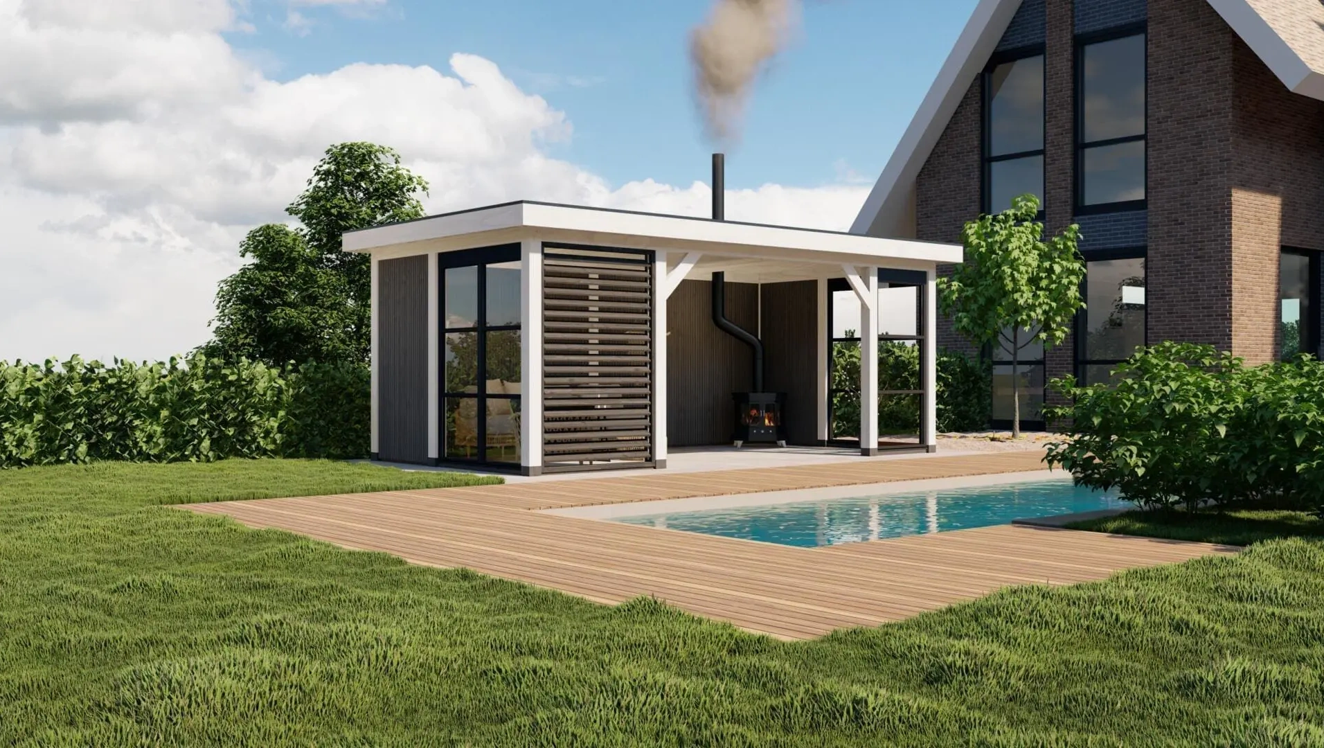 3640 buitenverblijf rome dakmaat 6900x3740 mm staandermaat 6395x3270 mm wit linkerzijde veraf