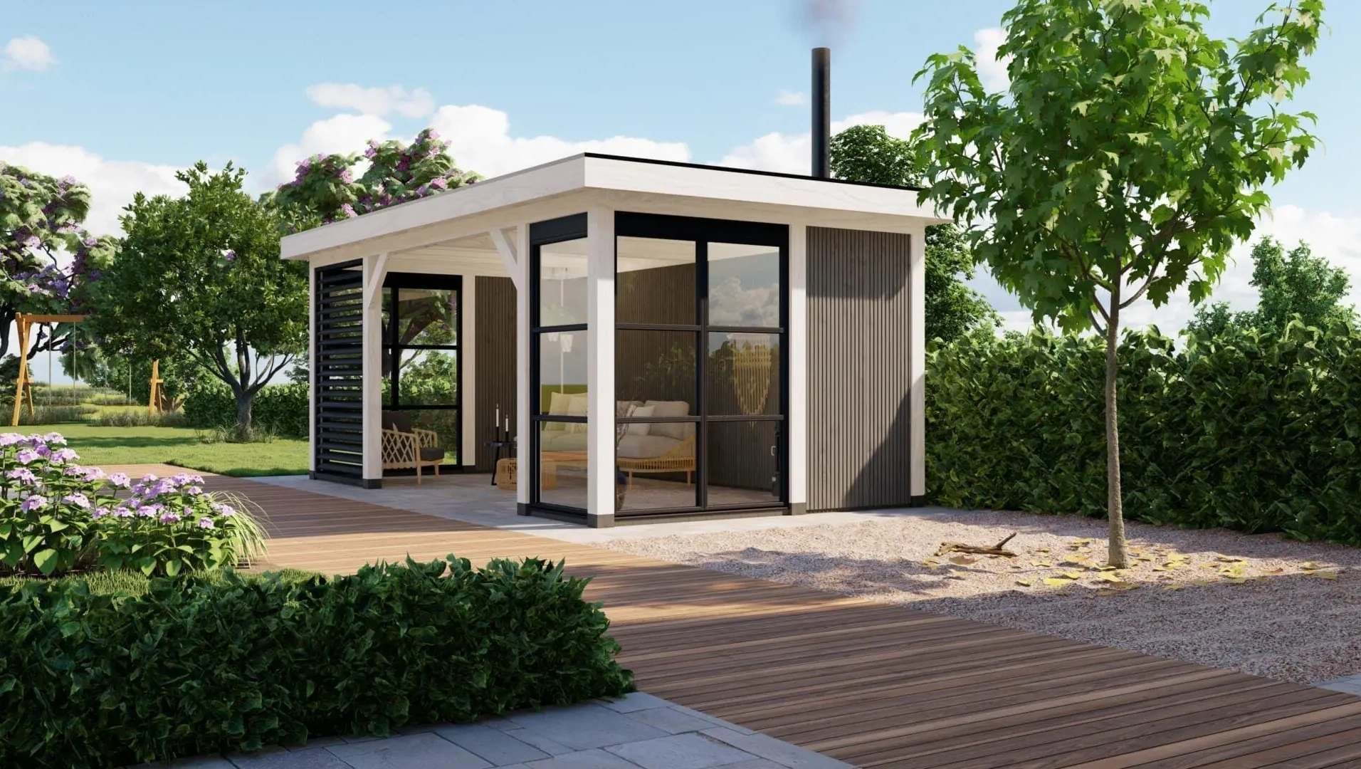 3640 buitenverblijf rome dakmaat 6900x3740 mm staandermaat 6395x3270 mm wit rechterzijkant