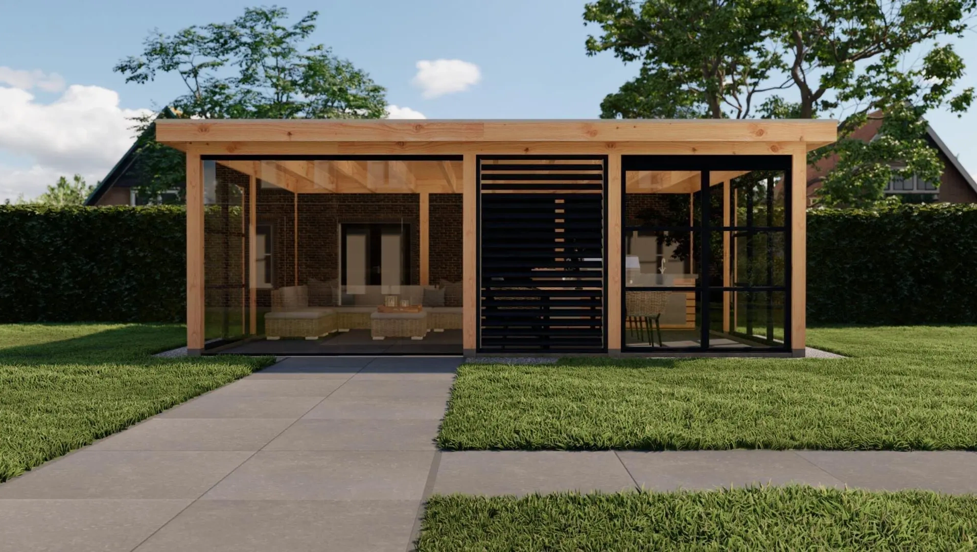 3641 buitenverblijf rome dakmaat 7510x5385 mm staandermaat 7020x4895 mm  voorzijde