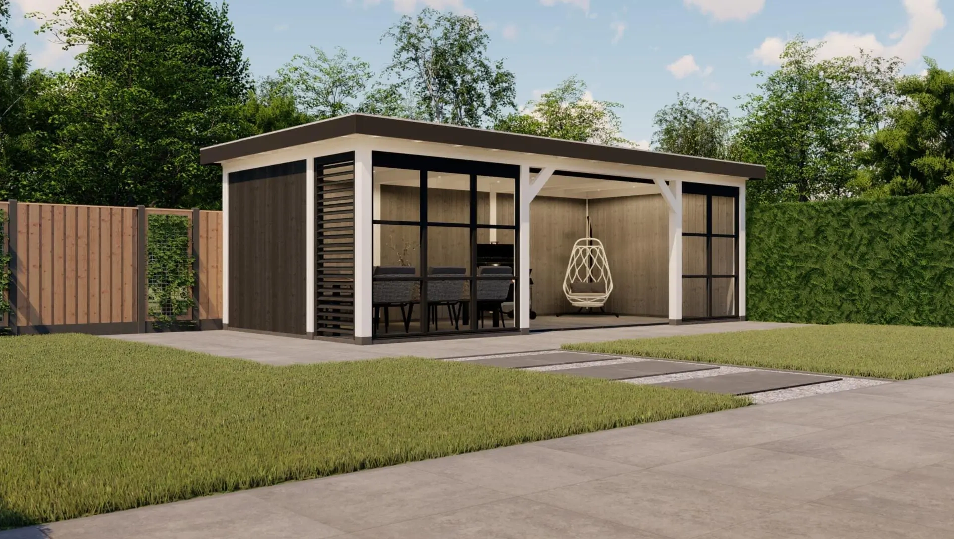 3642 buitenverblijf rome 8440x4210mm met steellook  linkerzijde veraf