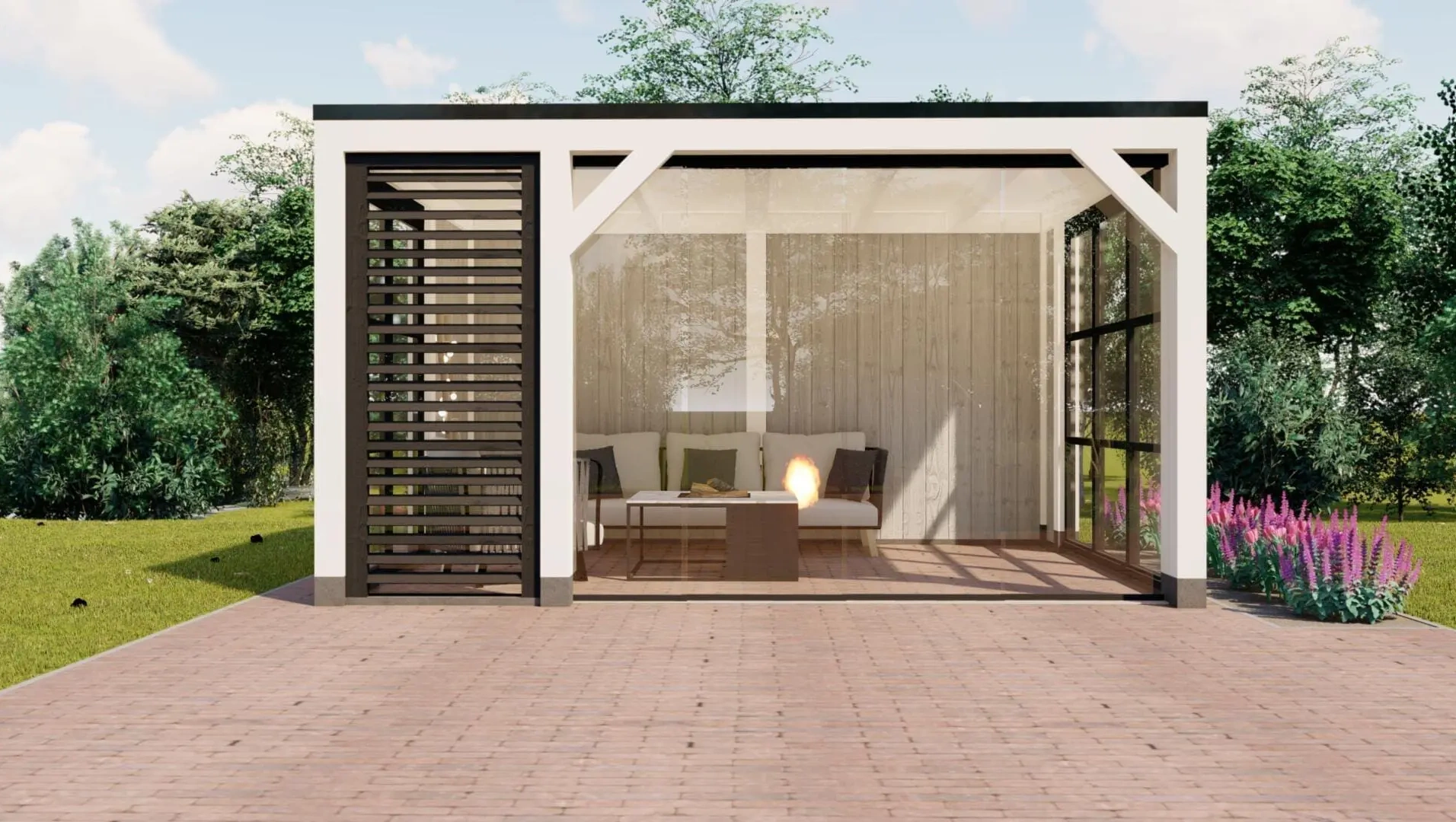 3653 buitenverblijf valencia 4500x3500 mm wit zwart vooraanzicht