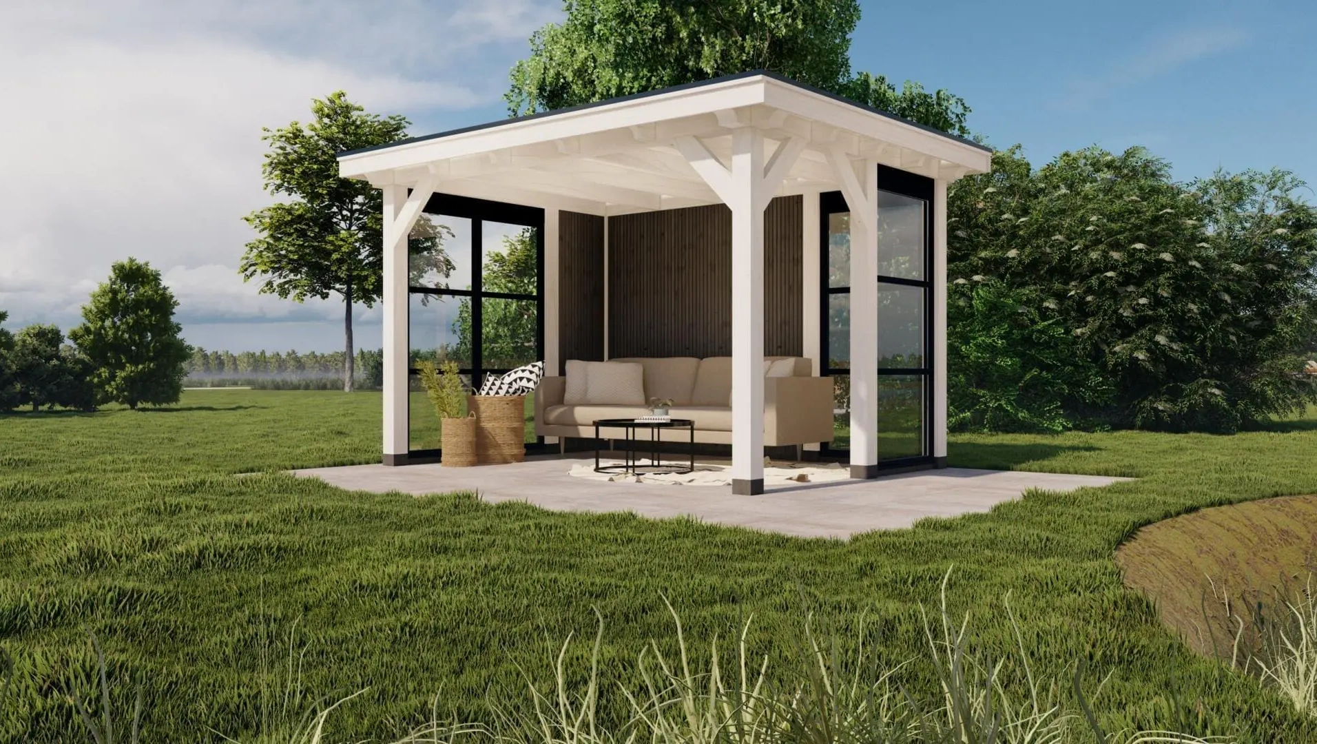 3625 buitenverblijf barcelona dakmaat 4310x3310mm staandermaat 3770x2770mm wit steellook  rechterzijde