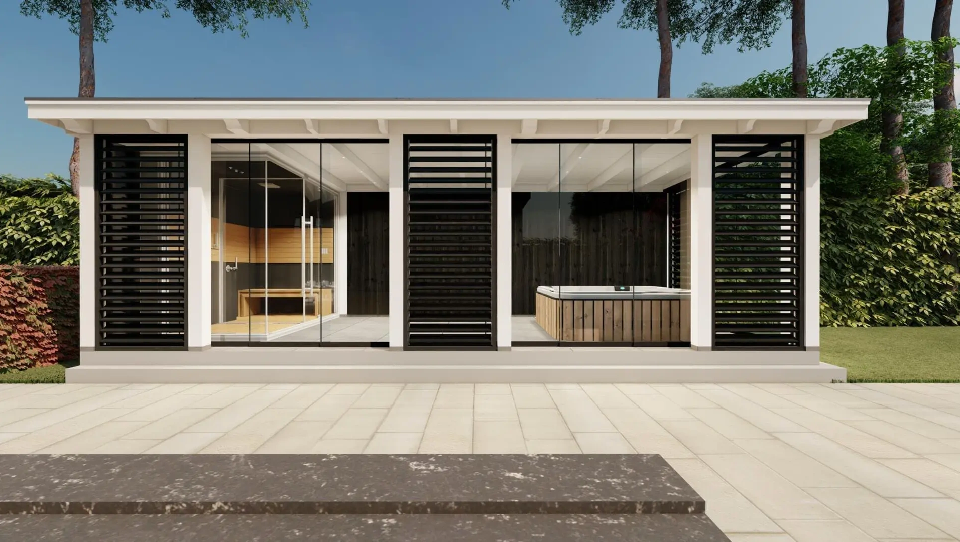 3629 buitenverblijf barcelona 8370x3810 mm wit  vooraanzicht 1