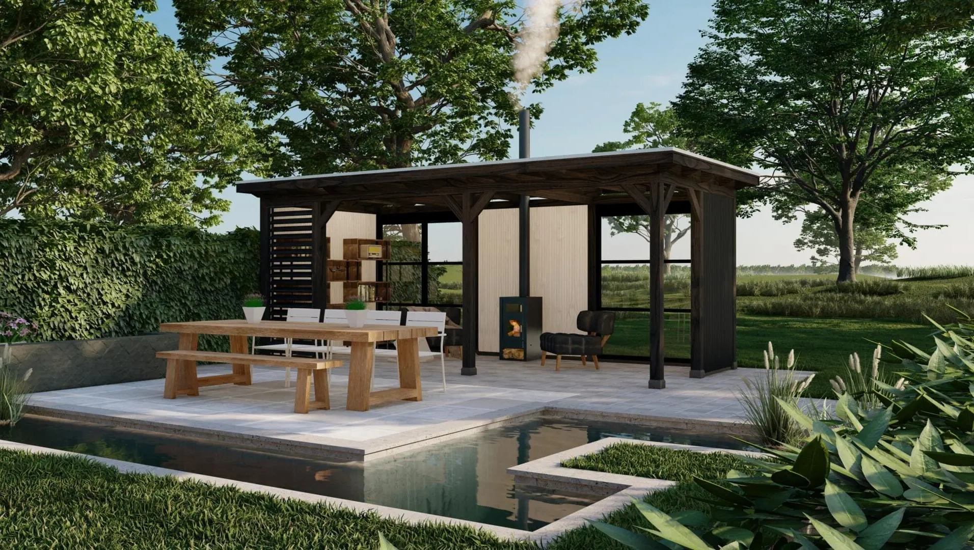 3679 buitenverblijf parijs dakmaat 6928x3228mm staandermaat 6420x2720mm met tafel  rechterzijde