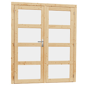 Vuren dubbele 4-ruits deur incl. kozijn, 168 x 201 cm., met melkglas, onbehandeld