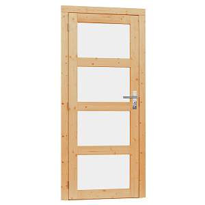Vuren enkele 4-ruits deur incl. kozijn 90 x 201 cm., linksdraaiend, onbehandeld