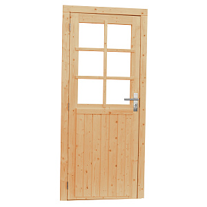 Vuren enkele 6-ruits deur incl. kozijn, 90 x 201 cm., rechtsdraaiend, onbehandeld