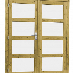 Vuren dubbele 4-ruits deur incl. kozijn, 168 x 201 cm., met melkglas, groen geïmpregneerd