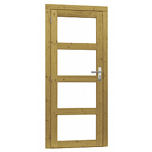 Vuren enkele 4-ruits deur incl. kozijn 90 x 201 cm., linksdraaiend, groen geïmpregneerd