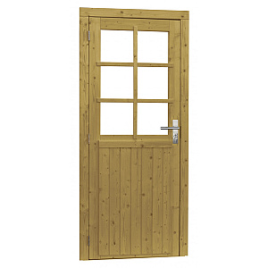 Vuren enkele 6-ruits deur incl. kozijn, 90 x 201 cm., linksdraaiend, groen geïmpregneerd