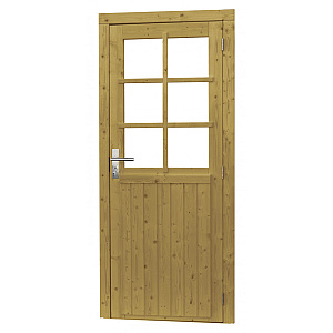 Vuren enkele 6-ruits deur incl. kozijn, 90 x 201 cm., rechtsdraaiend, groen geïmpregneerd