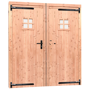 Douglas dubbele deur met zwart beslag, 168 x 201 cm., kleurloos geïmpregneerd