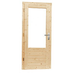 Vuren enkele 1-ruits / 3-ruits opdekdeur 90 x 201 cm., rechtsdraaiend, onbehandeld