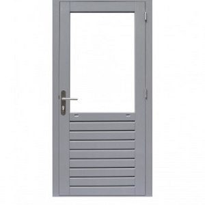 Hardhouten enkele 1-ruits deur Prestige met dubbelglas, 109 x 221 cm., rechtsdraaiend, grijs gegrond