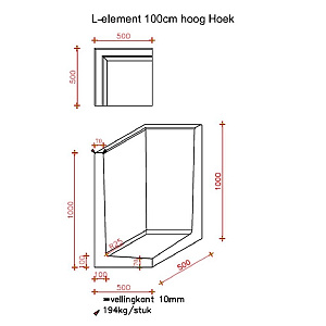 L-Hoekelement 50x50x100 cm (L x Voet x H) Roestbruin