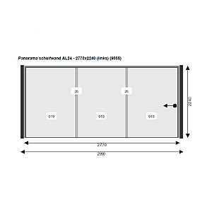 Glazen Schuifwand 277(B)x224(H) cm tbv voorzijde Buitenverblijf 600x300/370 cm met berging 300 cm