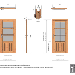 Douglas enkele deur 6-ruits 83x194,2 cm met kozijn onbehandeld rechtsdraaiend (Incl. Hang en Sluitwe