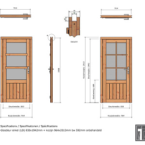 Douglas enkele deur 6-ruits 83x194,2 cm met kozijn onbehandeld linksdraaiend (Incl. Hang en Sluitwe