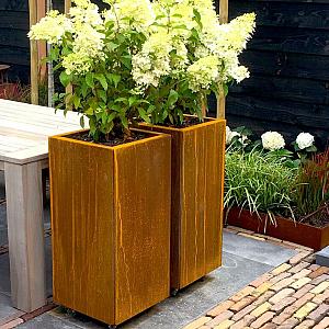 Cortenstaal vierkante plantenbak Miami 40x40x80 cm met bodemplaat + 4 wielen