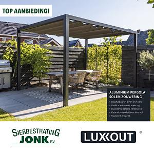 Actie LuxxOut Aluminium Pergola 400(B)x400(U) cm incl. Solem zonwering (Nog 2 stuks voorradig)
