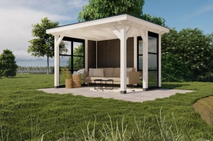 3625 buitenverblijf barcelona dakmaat 4310x3310mm staandermaat 3770x2770mm wit steellook  rechterzijde