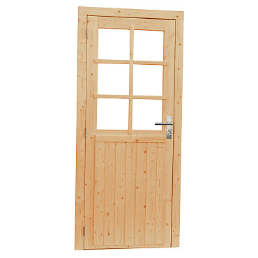 Vuren enkele 6-ruits deur incl. kozijn, 90 x 201 cm., rechtsdraaiend, onbehandeld