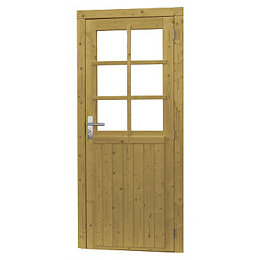 Vuren enkele 6-ruits deur incl. kozijn, 90 x 201 cm., rechtsdraaiend, groen geïmpregneerd