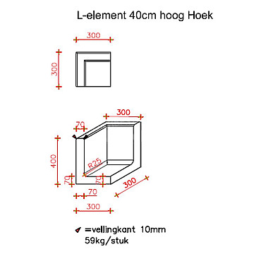 L-Hoekelement 30x30x40 cm (L x Voet x H) Grijs