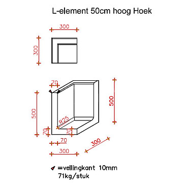 L-Hoekelement 30x30x50 cm (L x Voet x H) Roestbruin