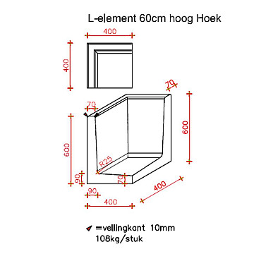 L-Hoekelement 40x40x60 cm (L x Voet x H) Antraciet