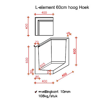 L-Hoekelement 40x40x60 cm (L x Voet x H) Grijs