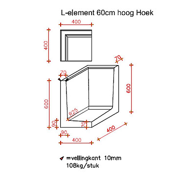 L-Hoekelement 40x40x60 cm (L x Voet x H) Roestbruin