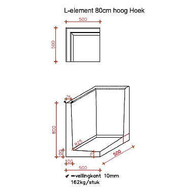 L-Hoekelement 50x50x80 cm (L x Voet x H) Roestbruin