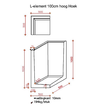 L-Hoekelement 50x50x100 cm (L x Voet x H) Grijs