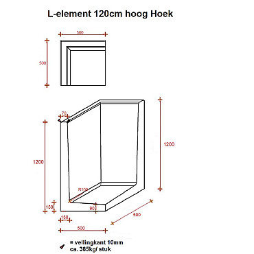 L-Hoekelement 50x50x120 cm (L x Voet x H) Grijs