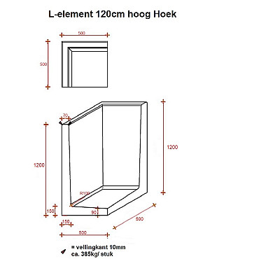 L-Hoekelement 50x50x120 cm (L x Voet x H) Roestbruin