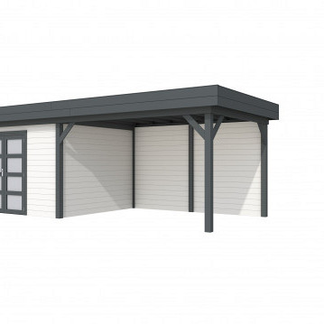 Vuren Topvision tuinhuis Parelhoen, 400 x 300 cm. en luifel 400 cm., wit / antraciet gespoten