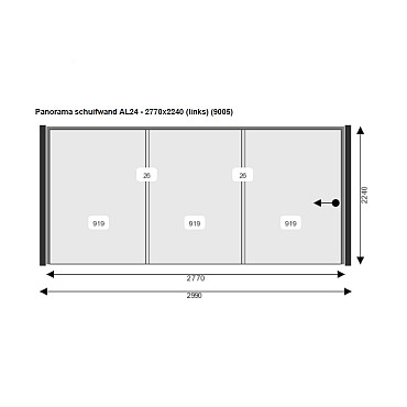 Glazen Schuifwand 277(B)x224(H) cm tbv voorzijde Buitenverblijf 600x300/370 cm met berging 300 cm