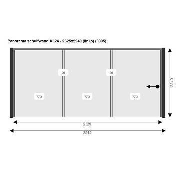 Glazen Schuifwand 232,5(B)x224(H) cm tbv voorzijde Buitenverblijf 700x300/370 cm met berging 200 cm (let op! 2x nodig)