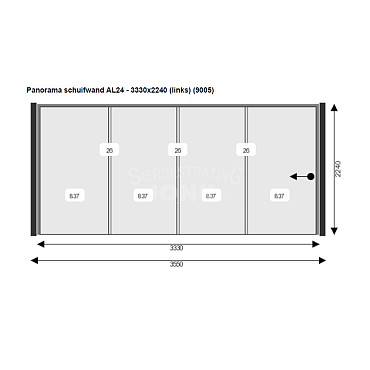 Glazen Schuifwand 333(B)x224(H) cm tbv voorzijde Buitenverblijf 1000x300/370 cm met berging 300 cm (let op! 2x nodig)
