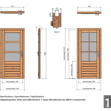 Douglas enkele deur 3-ruits 83x194,2 cm met kozijn onbehandeld linksdraaiend (Incl. Hang en Sluitwer