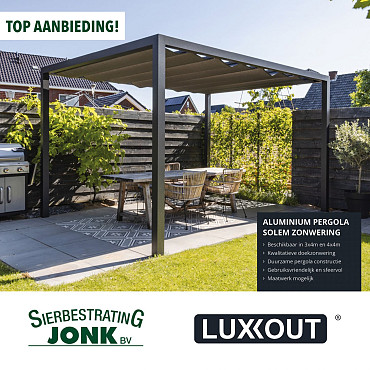 Actie LuxxOut Aluminium Pergola 300(B)x400(U) cm incl. Solem zonwering (nog 1 stuks voorradig)