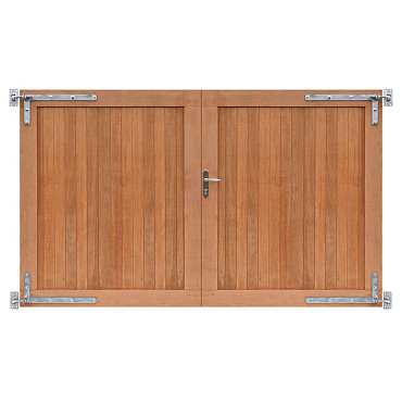 Hardhouten dubbele toegangspoort verticaal geschaafd onbehandeld 300x180 cm incl. beslag