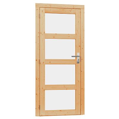 Vuren enkele 4-ruits deur incl. kozijn (met melkglas) 90 x 201 cm., linksdraaiend, onbehandeld