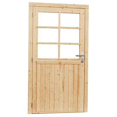 Vuren enkele 6-ruits deur incl. kozijn, 112 x 201 cm., linksdraaiend, onbehandeld