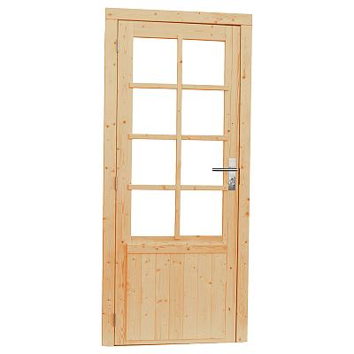 Vuren enkele 8-ruits deur incl. kozijn, linksdraaiend, 90 x 201 cm., onbehandeld