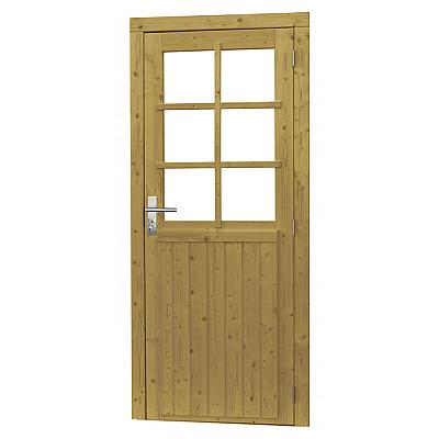 Vuren enkele 6-ruits deur incl. kozijn, 90 x 201 cm., rechtsdraaiend, groen geïmpregneerd